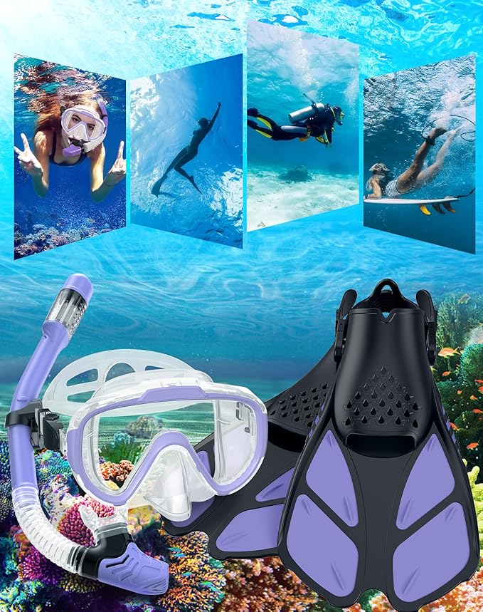 Snorkeling Gear for Adults Men Women,4 in 1 Snorkel Set with Panoramic View Diving Mask Anti-Fog Anti-Leak,Dry Top Snorkel,Fins and Travel Bag for Swimming,Snorkeling and Travel Diving