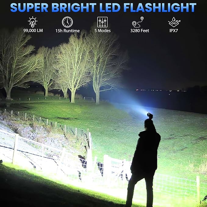 Rechargeable LED Flashlights High Lumens, 99,000 Lumens Super Bright Flashlight, Adjustable Handheld Flashlight with 5 Modes, Brightest Waterproof Flash Light for Home Camping(2 Packs)