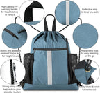 BeeGreen Blue Sport Cinch Bag String Backpack with Shoe Compartment and Two Side Mesh Pockets Machine Washable Sturdy Gymsack Drawstring Sackpack