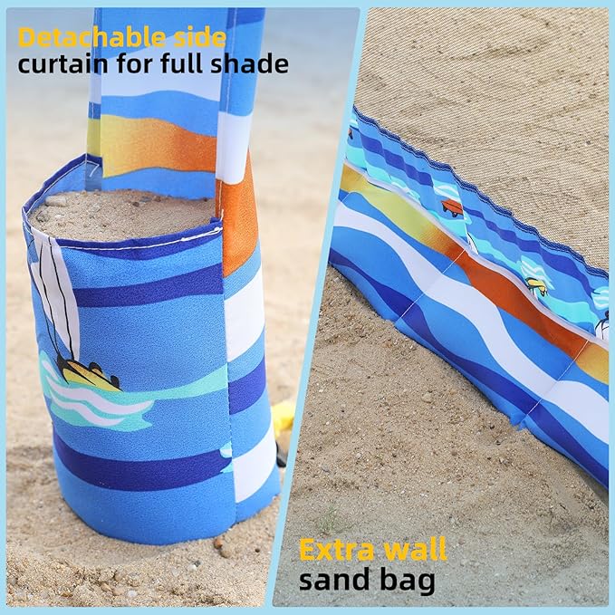 Beach Cabana, 6.2'×6.2' Beach Canopy with Side Wall, UPF 50+ UV Protection Easy Setup Tent Sun Shelter with Sand Pockets for Whole Family(Summer Sailboat)