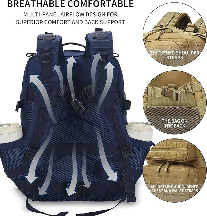 Sparklekle Military Tactical Backpack 45L 3 Day Assault Pack Waterproof Molle Hiking Rucksack for Men and Women (Blue)