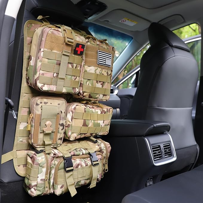 Universal Tactical Car Seat Back Organizer Bag Tactical Molle Vehicle Organizers Panel Vehicle Protector Organizers with 5 Detachable Pouches for Car Truck Ford Jeep (CP camo)