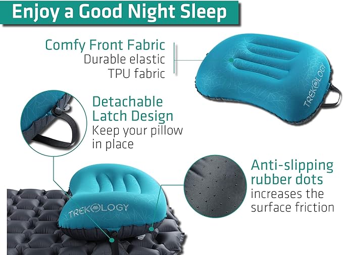 TREKOLOGY Ultralight Inflatable Camping Travel Pillow - ALUFT 2.0 Compressible, Compact, Comfortable, Ergonomic Inflating Pillows for Neck & Lumbar Support While Camp, Hiking, Backpacking