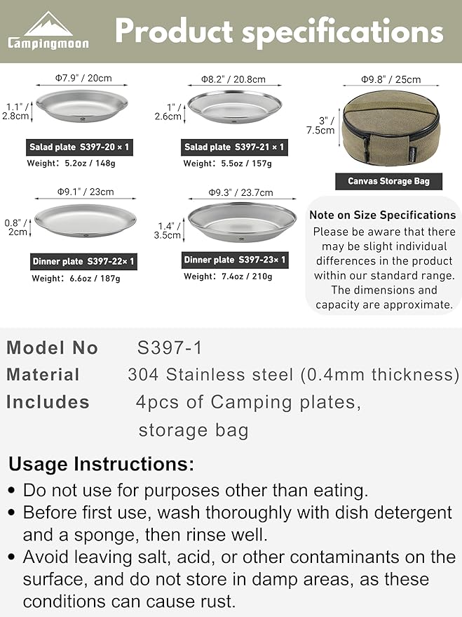 CAMPINGMOON Camping Plates 4pcs set Salad Side Dinner Plate Dishes Outdoor Tableware Stainless Steel with Canvas Case S397-1S