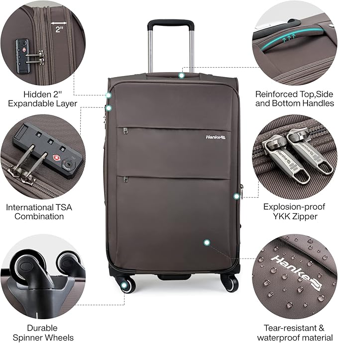 Hanke 20/28 Inch 2 Piece Luggage Sets with Spinner Wheels Expandable Luggage Large Suitcases with Wheels Lightweight Travel Luggage Rolling Suitcase with Lock Softside Checked Luggage.(Coffee)
