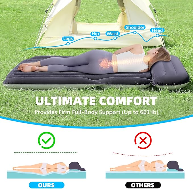 KMZ SUV Air Mattress with 2 Pillows – Thickened and Flocked Car Bed – Portable Travel Pad for Camping & Road Trips – Quick Inflate & Deflate with External Pump – Blue-Black and Cool Gray