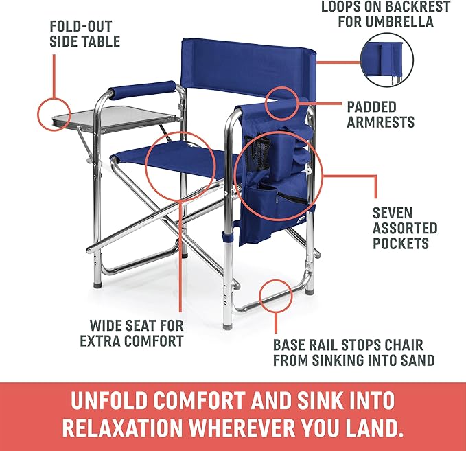 PICNIC TIME Sports Chair with Side Table, Outdoor Foldable Padded Adult Camping Chairs with Cup and Accessory Panel for Lawn, Beach, & Sports Use for Adults, up to 300-lbs Capacity, (Red)