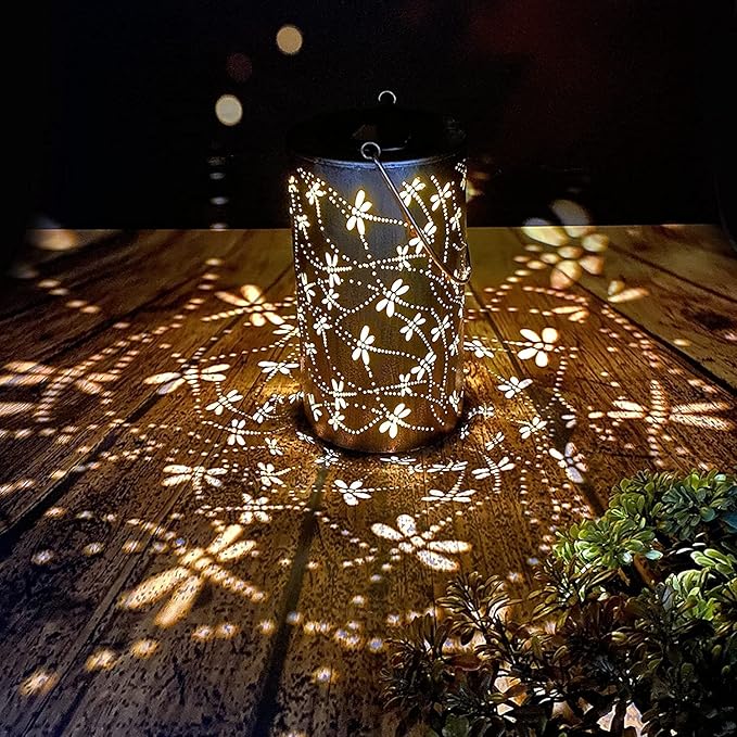 2 Pack Solar Lanterns Outdoor Hanging Lantern Lights, Dragonfly Hollowed-Out Metal Decor Lantern, Waterproof LED Decorative Garden Light - Delicate Garden Decoration for Patio, Yard