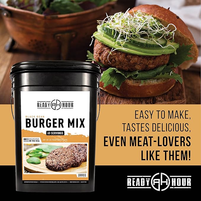 Ready Hour, Black Bean Burger Mix, Real Non-Perishable Recipe, 25-Year Shelf Life, Emergency and Adventure Food Supply, Includes 10 Resealable Pouches, 60 Servings