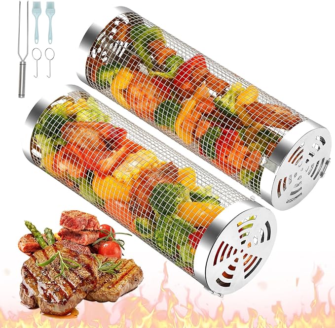 ZORMY 2pcs Rolling Grill Baskets,Grill Veggie Basket,BBQ Baskets for Grilling,Round Stainless Steel Grill Baskets for Outdoor Grill,Camping Basket for Vegetables, Birthday Gifts for Men