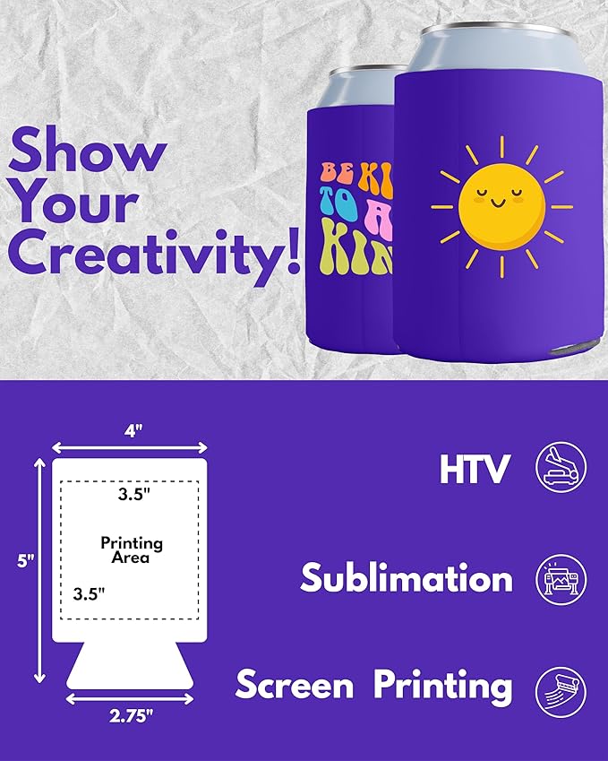 PartyPrints 1000 Pack Purple Blank Can Cooler Sleeves, Customizable Bulk Can Coolers, Extra-Thick Collapsible Drink Insulator Sleeve, Beer Can Coolers for Party Beverages