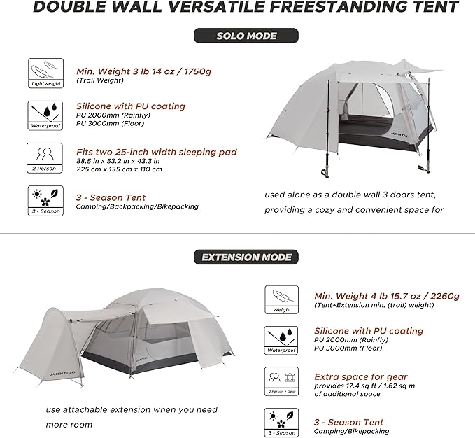 Triphyr Backpacking Tent with F-Nexus Extension 2-Person Combo, Attachable Extension Shelter, Lightweight 2 Person Tent for Backpacking Camping Hiking & Biking