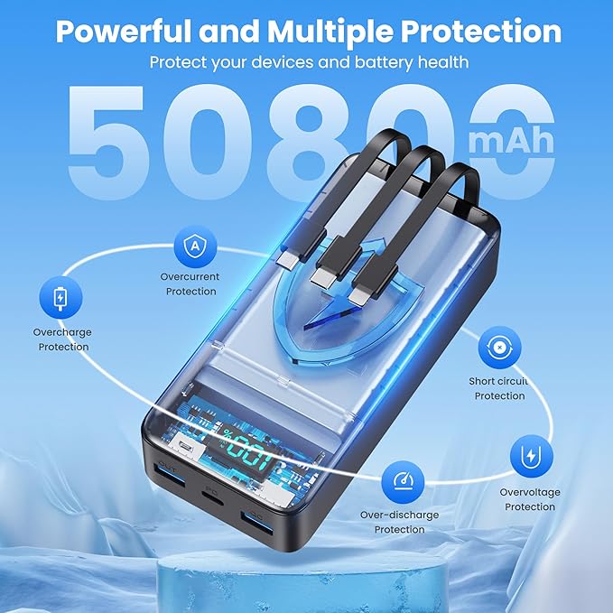 Portable Charger 50800mAh Power Bank with 3 Built-in Cable,25W PD USB C Power Bank Fast Phone Charging,QC4.0 Travel Outdoor Essential Portable Phone Battery Pack for iPhone 17/16/15/14,Galaxy Android