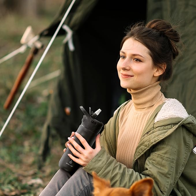 IDEUS Insulated Stainless Steel Water Bottle with 2 Leak-Proof Lids, Thermal Water Flask for Hiking Biking, 18oz, Black