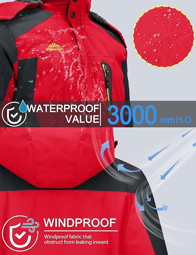 TACVASEN Men's Winter Ski Jacket Waterproof Snow Coats Snowboard Fleece Lining Jacket Warm Parka with Hooded