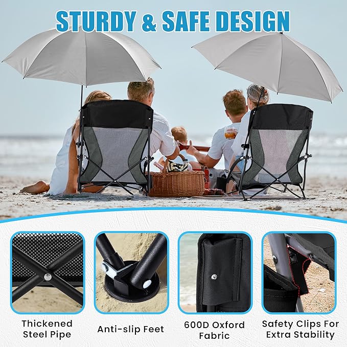 Lamberia Folding Beach Chair with Umbrella for Adults, Portable Low Beach Chairs with 300lbs Capacity, Lightweight Fodable Camping Chair for Travel, Picnic, Concert & Outdoor Activities, Black-Grey
