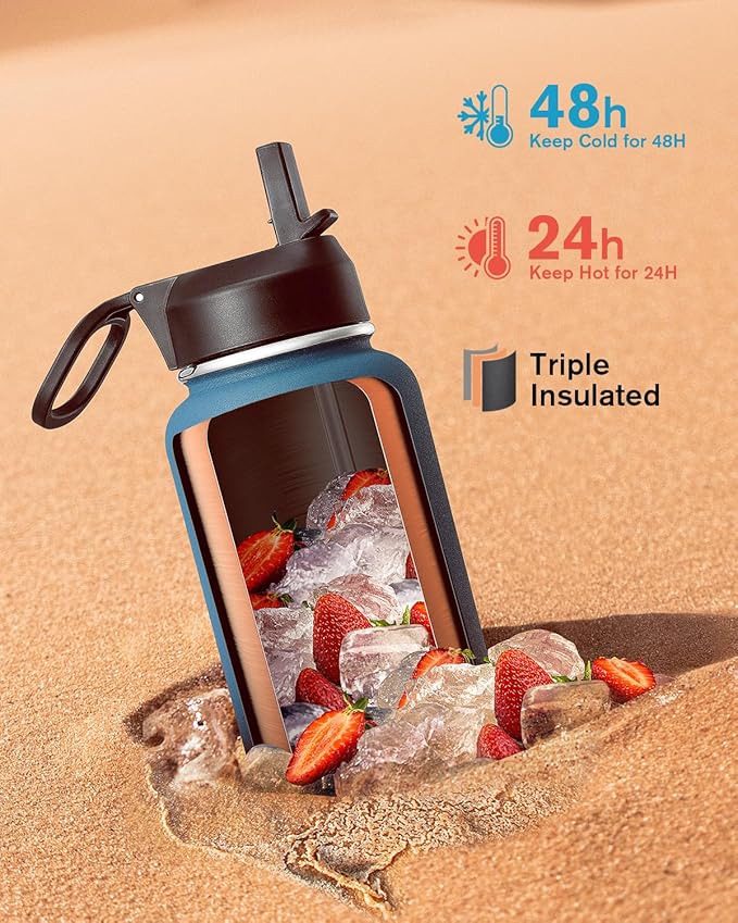 Water Bottle 40 oz Insulated with Straw, Coolflask Stainless Steel Metal 3 Lids Water Flask for Sports or Office, Keep Cold 48H Hot 24H, Samurai Cyan