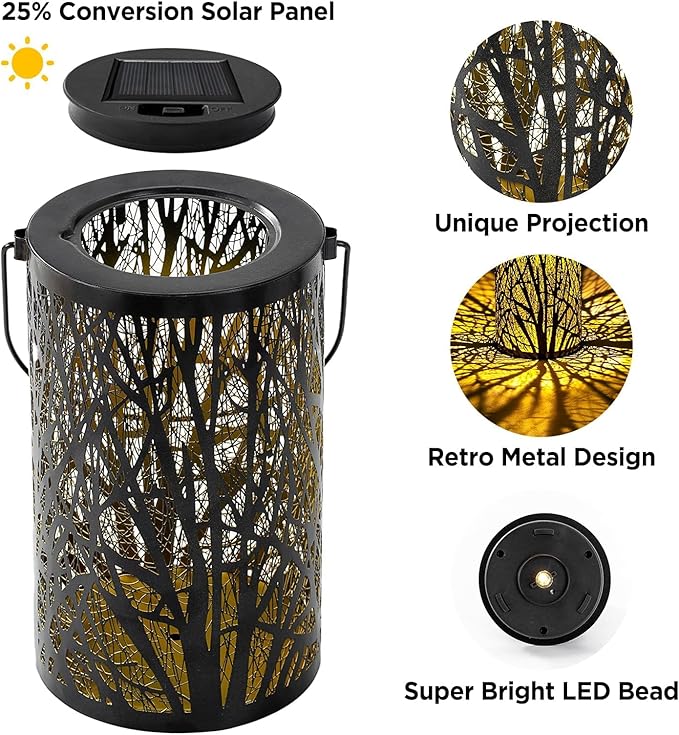Large Solar Lanterns Outdoor Waterproof, 2 Pack Hanging Solar Lanterns, LED Tree Outdoor Lantern for Metal, Waterproof Lantern for Patio Porch Pathway Garden Decor