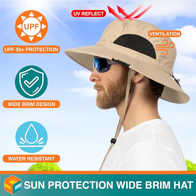 SUN CUBE Wide Brim Sun Hat Men Women, Fishing Hats Sun UV Protection, Mens Hiking Bucket Hat Safari Beach Boonie, UPF 50+