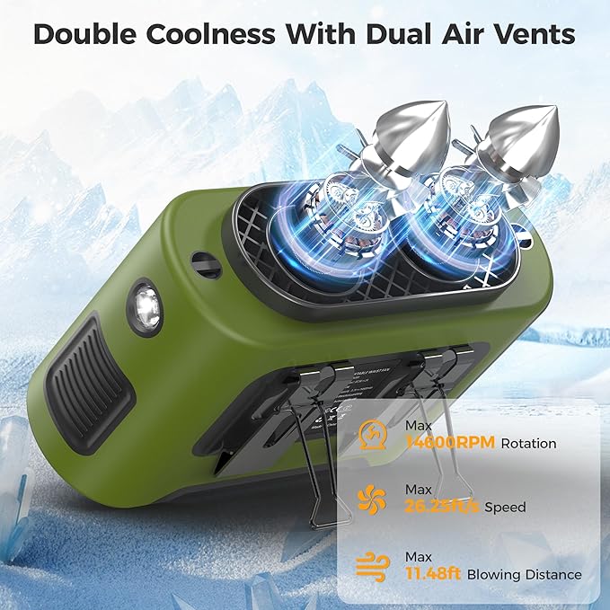 14500mAh Portable Waist Fan Clip On Belt- Rechargeable Battery Operated,Max 40H Cooling,5 Speed 14600RPM,Dual Air Vent, Hands-free Shirt Neck Fan With Light for Outdoor Jobsite Camping Traveling