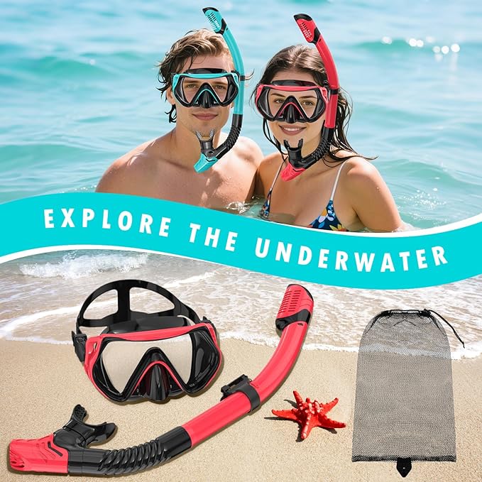 Snorkeling Gear for Adults, Adult Snorkel Mask Set Scuba Diving Dry-Top, Swimming Goggles w/Nose Cover, HD Tempered Glass Panoramic Anti-Leak Anti-Fog, Travel Snorkeling Packages Storage Bag, 2 Pack