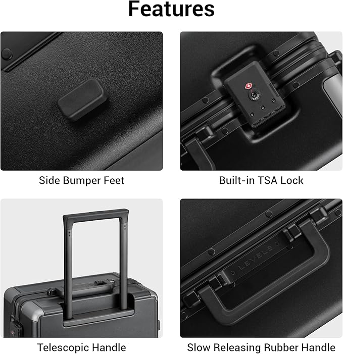 LEVEL8 Zipperless Carry On Suitcase Airline Approved with Aluminum Frame, Hard Shell Luggage with Spinner Wheels, Metal Travel Luggage, 20 Inch, Black