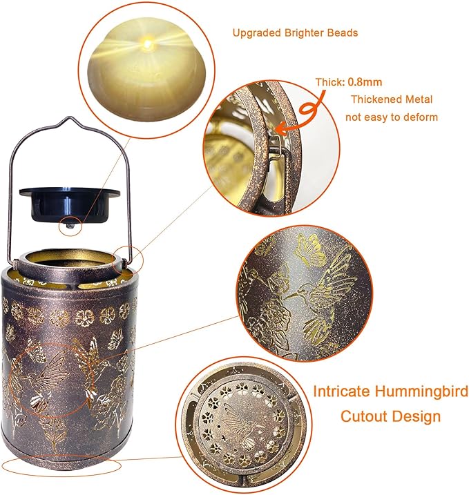 Upgraded Solar Hummingbird Lights for Outside Garden Decor Gifts for Women Mom Grandma, Metal Hanging Solar Lanterns Outdoor Waterproof with Copper Finish Lantern for Patio, Yard, Porch, Pathway