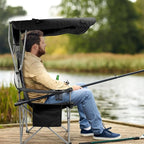 Camping Chair, Oversized Folding Chair with Canopy, Portable Outdoor Chair with Arms, Cup Holder and Carry Bag for Camping, Fishing, Beach, and Sports, Graphite