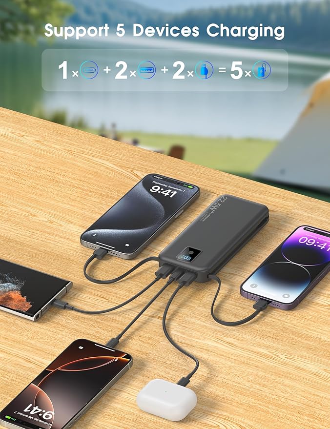 Portable Power Bank, 12000mAh 22.5W Fast Charging Phone Charger with Built-in Cables & Wall Plug, Travel Essential Battery Pack with LED Display, USB C Battery Charging Bank for iPhone, Samsung Black