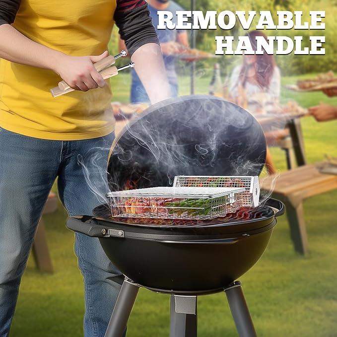 Grill Basket Set, Removable Wooden Handle, 304 Stainless Steel, Rolling BBQ Tools, Smoker Grilling Accessories for Vegetable Fish, Outdoor Cooking Camping, Birthday Gifts for Men Dad Husband