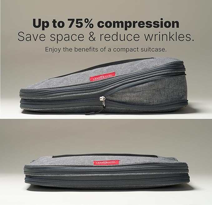 LeanTravel Premium Compression Packing Cubes for Travel - Suitcase Organizer Bags with Double Zipper & Breathable Mesh Panel - Space Saving Carry On Luggage Essentials (3-Pack, Grey)