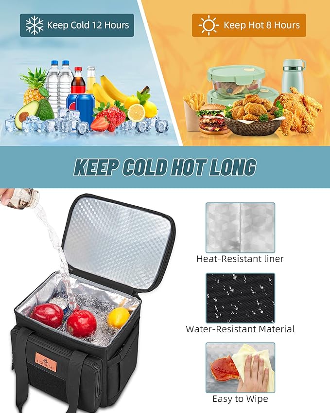 HSHRISH Tactical Lunch Box, Large Expandable Insulated Lunch Bag, Durable Waterproof Leakproof Cooler Bag for Adults/Men/Women/Work Outdoor Beach Trips, 20 Cans/15 L, Black