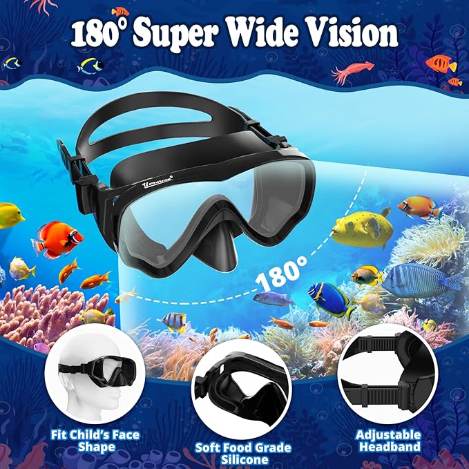 U PHITNIS Kids Snorkel Set for Age 4-14 - Dry Top Snorkeling Gear for Kids Junior & Youth - Childs Diving Mask with Big Eyes for Boys Girls - Anti-Fog Snorkeling Mask and Snorkel Set