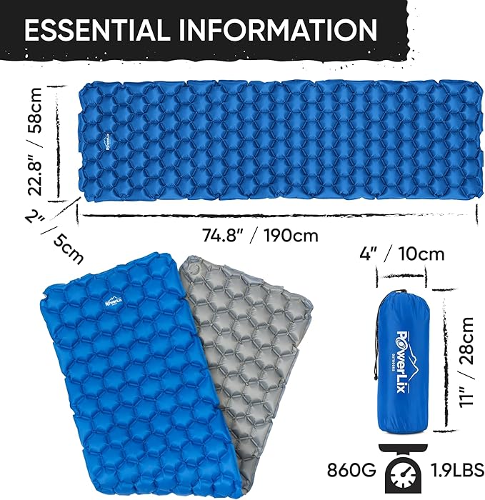POWERLIX Camping Sleeping Pad - Ultralight Inflatable Camping Mattress Sleeping Mat for Backpacking, Hiking, Compact Lightweight Sleeping Pad for Camping, Inflation Bag/Repair Kit Included