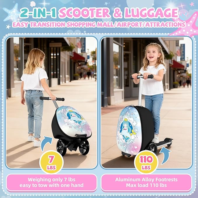 Baotree Scooter Suitcase for Kids, 2 in 1 Ride-on Luggage with Flash PU Wheels, Adjustable Handle & TPR Non-Slip Grip, Foldable & Lightweight, Ages 5-12