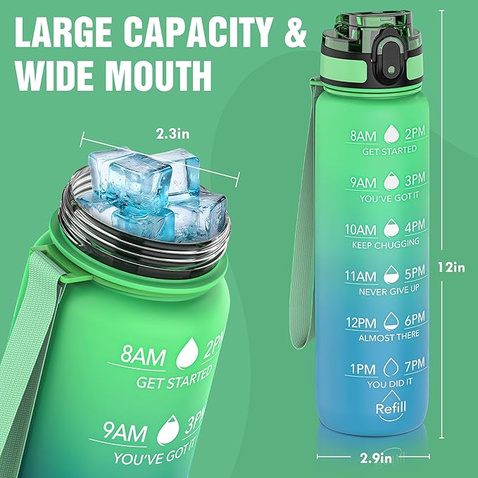 OLDLEY Water Bottle, 32oz Motivational Sports Water Bottle with Time Marker - Times to Drink - Tritan, BPA Free, Wide Mouth Leakproof, Greenish blue (1 Bottle)