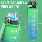 OLDLEY Water Bottle, 32oz Motivational Sports Water Bottle with Time Marker - Times to Drink - Tritan, BPA Free, Wide Mouth Leakproof, Greenish blue (1 Bottle)