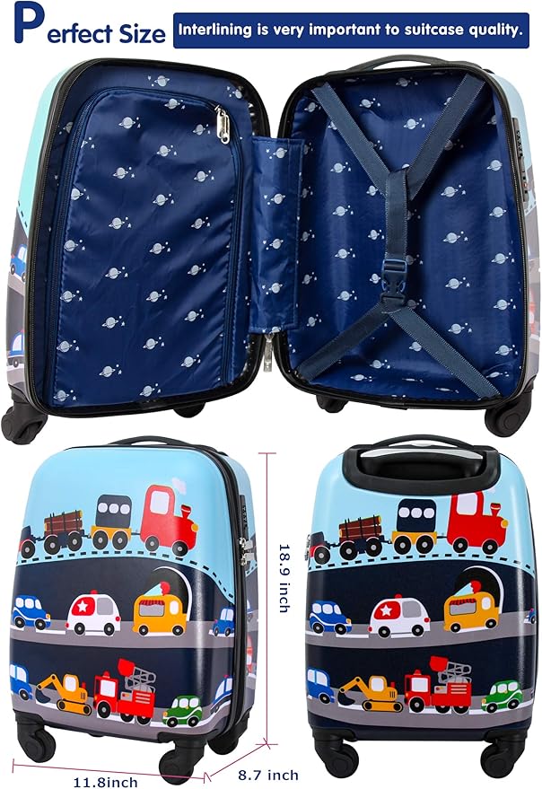 GURHODVO Kids Luggage with Spinner Wheels for Boys Girls Carry on Hardshell Suitcase Travel Trolley Toddlers Children Gift (vehole, 18inch)