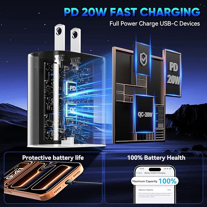 Phone 17 16 15 Pro Charger Fast Charging, 20W USB C Fast Charger Block with 6.6FT Long Type C Chargers Fast Charging Cable Cord for Phone 17/17 Pro/17 Pro Max/Air/16 Pro Max/16 Pro/15Pro Max/Pro, S24