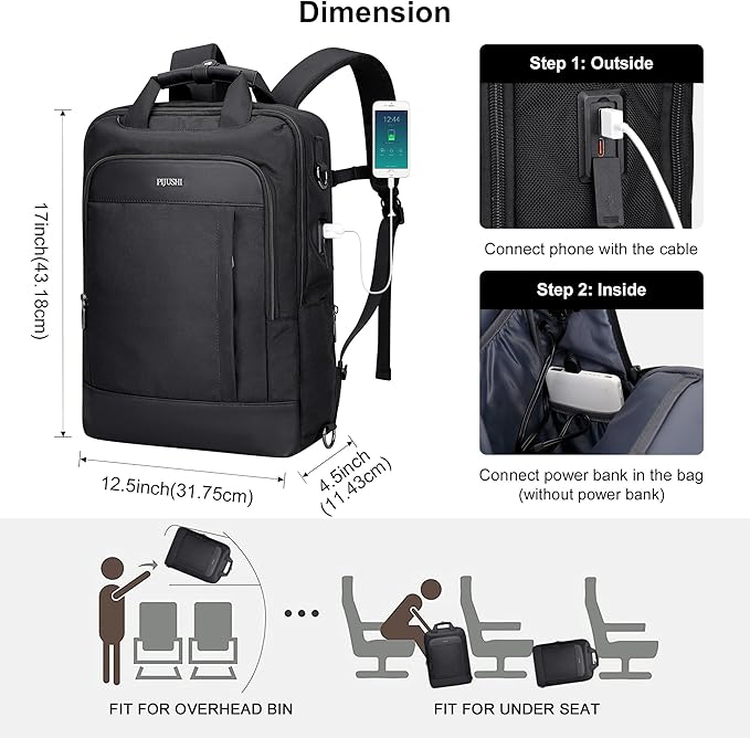 PIJUSHI Laptop Backpack for Women Men Personal Item Travel Backpack Convertible Carry on Bag Flight Approved(PE042 Black)