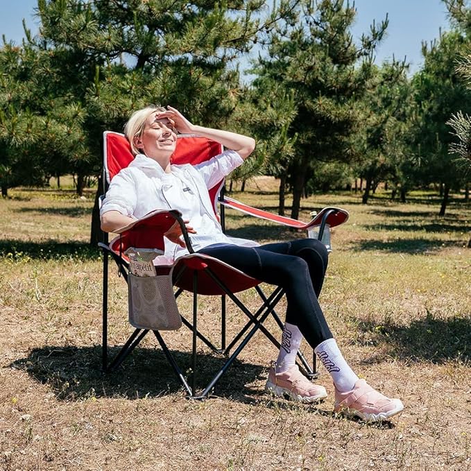 KingCamp Oversized Camping Chair, Portable Folding Outdoor Chairs with Comfortable Padded Seat, Side Pocket and Cup Holder for Fishing, Tailgates, Beach, Lawn, RED