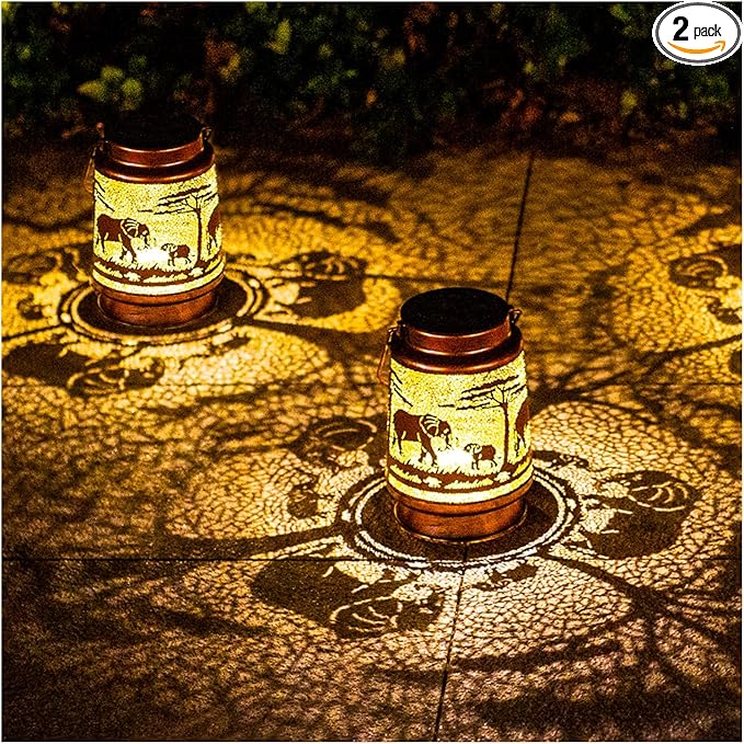 2 Pack Elephant Outdoor Solar Hanging Lanterns Waterproof LED Solar Lights Metal Decorative Lanterns for Garden, Patio, Courtyard, Backyard, Yard Decor Unique Elephant Gifts for Women Gardening