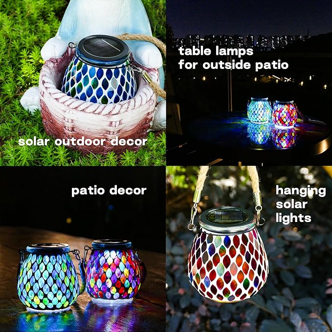 Mosaic Blue Solar Lanterns, Outdoor Glass Hanging Lights, Waterproof, Solar Table Lamps, Christmas Gifts for Women Mom Grandma, Night Lights, Decoration for Garden, Patio, Yard, Party, Outdoor Decor