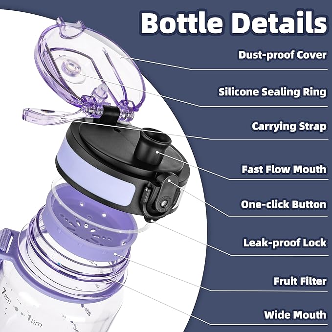 OLDLEY 32 oz Water Bottle, Motivational Water Bottle with Time Marker, Sports Water Bottle With Strap, Leakproof & BPA Free Large Water Bottles for School,Gym,Outdoor, Tritan, Transparent-Purple