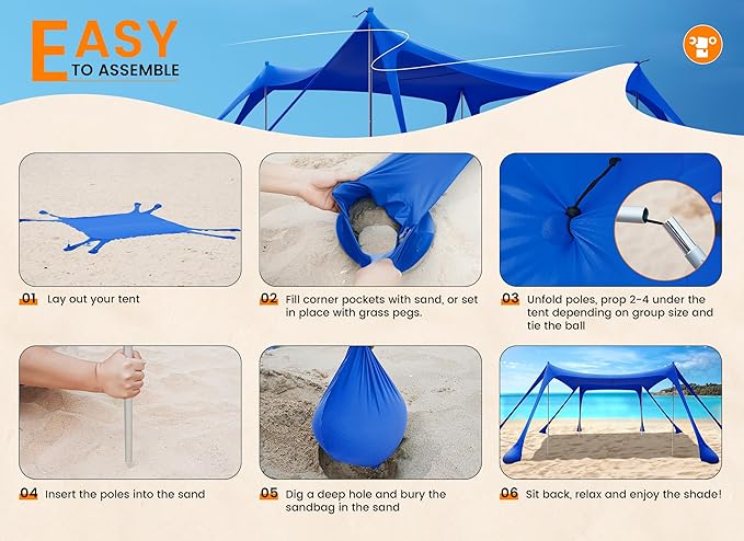 Beach Tent Sun Shelter, Portable Sun Canopy UPF50+ Outdoor Shade with 4 Stability Poles and 8 Sandbags, 10 x 10ft, Sand Shovel, Ground Pegs and Carry Bag for Beach, Camping, Fishing, Picnics
