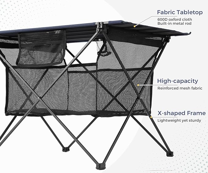 Lightweight Portable Camping Table with 2 Cup Holders - Collapsible Compact Canvas Beach Table/Side Table for Lawn Fishing & Outdoor, Large Capacity Storage, 29.2" W x 21.7" D (Blue)