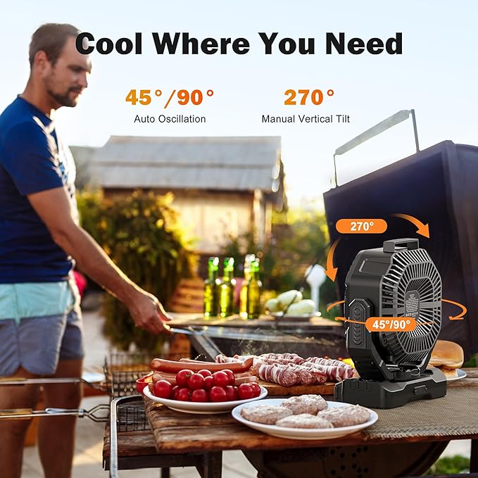 AMACOOL 20000mAh Rechargeable Camping Fan, Battery Operated Fan with Light, 68Hrs Work Time, 4 Speed, Auto Oscillating Outdoor Fans with Hook for Tent RV Car Travel Emergency Power Outages
