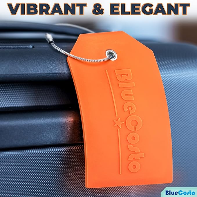 BlueCosto - Luggage Tags - Large, Multicolored, 5 PK - PVC Suitcase Tags w/Privacy Cover & Stainless Steel Wire Loops - Personalized Baggage Identifiers for Travel - Backpack Name Labels