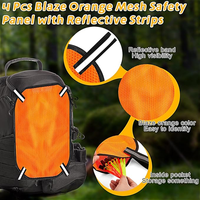 4 Pcs Blaze Orange Safety Panel with Reflective Strips, 12'' x 9'', High Visibility Hunting Mesh Tent Backpack Cover Safety Panel for Outdoors Field Hiking Camping Biking Traveling