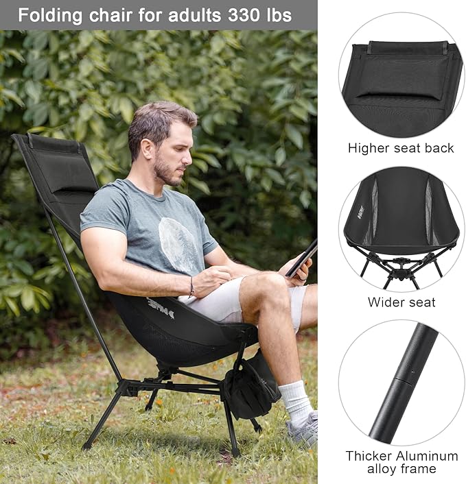 G4Free Folding Lightweight Camp Chair High Back Camping Chair Backpacking Chair Heavy Duty 330lbs with Headrest Pocket Black